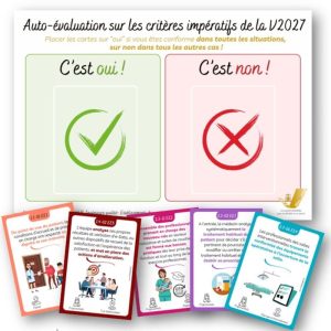 Description plateau auto-évaluation et détails de 5 cartes jeu critères impératifs certification HAS référentiel V2027 établissements de santé